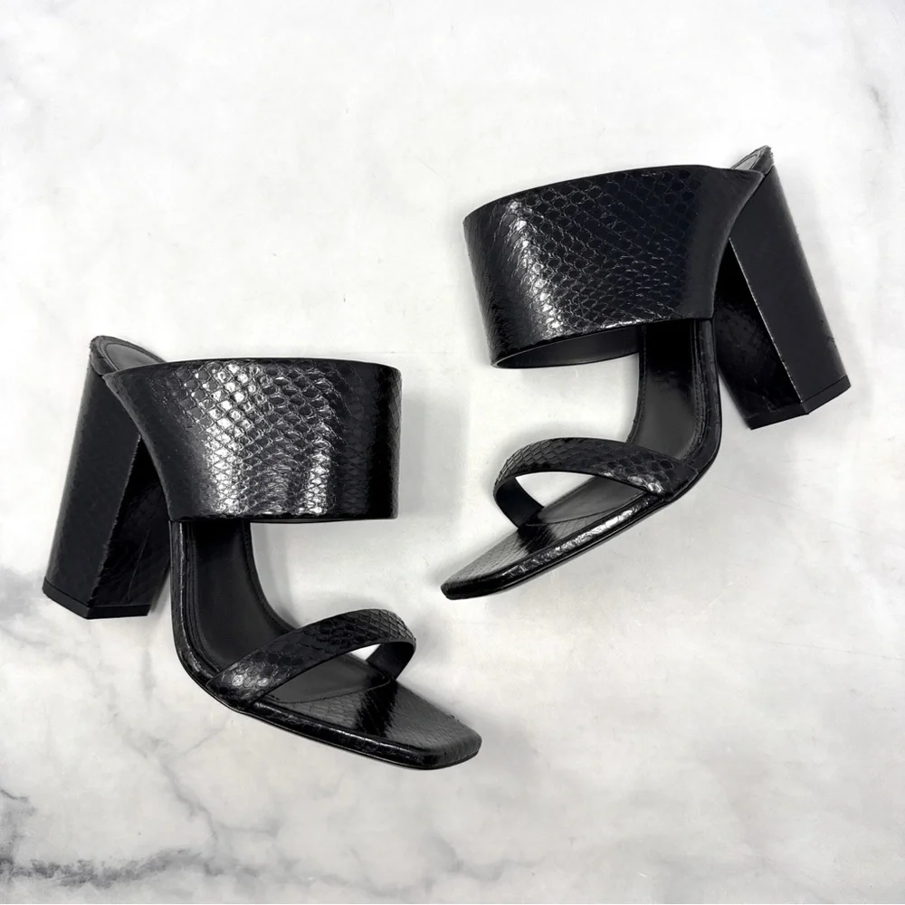 Saint Laurent Oak Snakeskin Leather Square Toe Block Heel Mule Sandal Black 38.5 - Picture 4 of 16